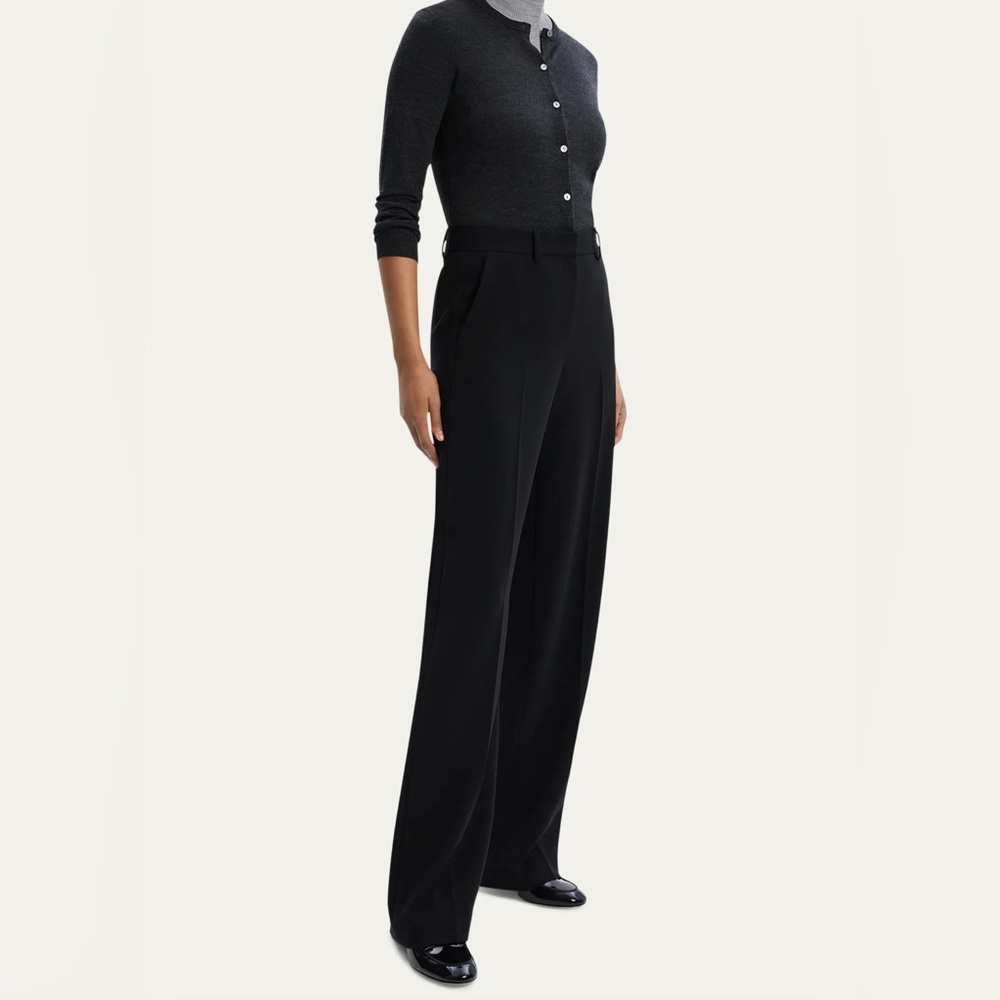 Theory Relaxed Straight Pant Full Length Admiral Crepe Black Trousers Tailored - Picture 3 of 11